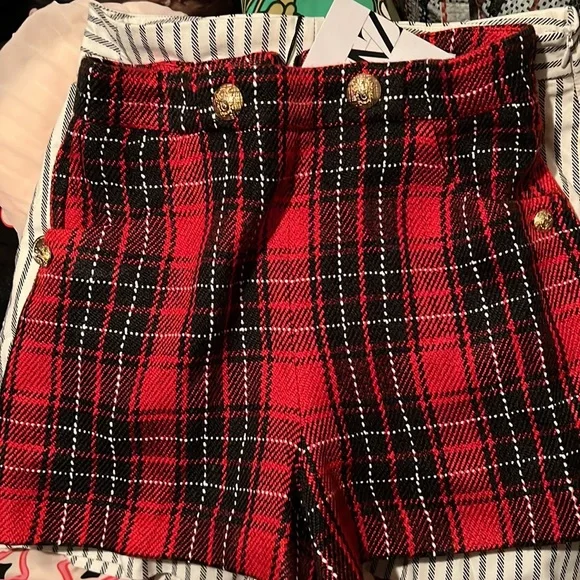 Zara Red Plaid Wool Blend Gold metallic Buttoned Shorts